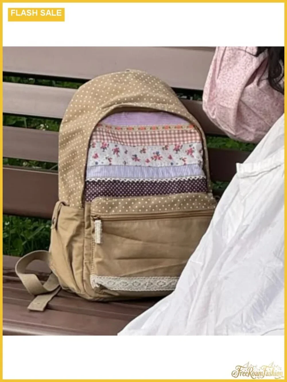 Floral Print Canvas Backpack with Polka Dots Kawaii Shoulder Bag Lace Vintage
